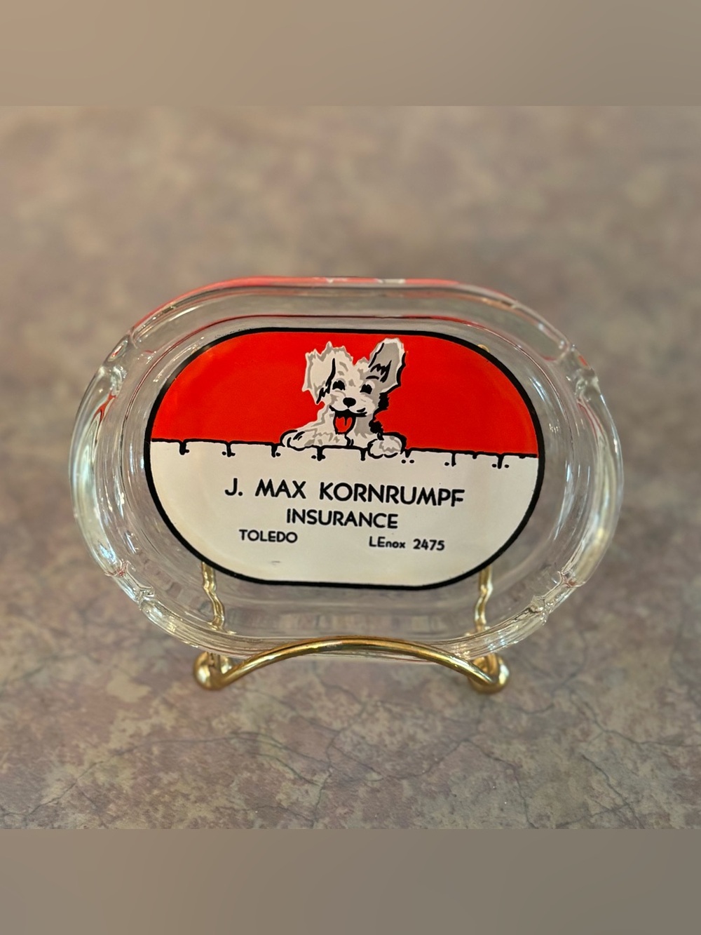 60's "J. Max Kornrumpf Insurance" Ashtray - Novelty Ashtray - Glass Ash Tray